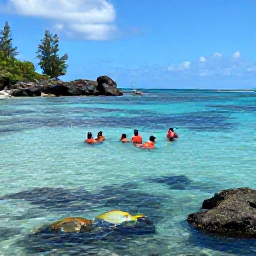 Caribbean Holidays, Martinique Beach Holidays, Travellers swimming and snorkelling in clear Caribbean water near a Martinique beach, with colourful fish, rocks and tropical coastline