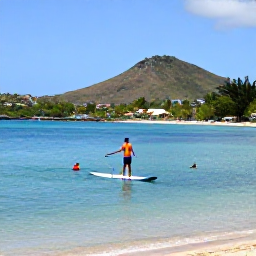 Caribbean Holidays, Martinique Beach Holidays, Visitors paddleboarding and swimming in calm turquoise water beside a Martinique beach, with tropical hills in the distance