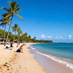 Caribbean Holidays, Martinique Beach Holidays, Visitors relaxing on Les Salines beach in Martinique, soft golden sand, clear shallow water and coconut palms under a sunny blue sky