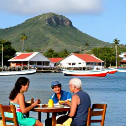 Caribbean Holidays, Martinique Beaches, A couple enjoying lunch at a small waterfront restaurant in Martinique, with colourful fishing boats, Creole buildings and tropical hills in the background
