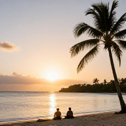 Caribbean Holidays, Martinique Beaches, A couple relaxing on a quiet Martinique beach at sunset in February, with calm sea, warm light and palm silhouettes