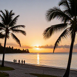Caribbean Holidays, Martinique Beaches, A peaceful Martinique sunset over a palm-fringed beach, with golden light on calm water and a small group of travellers walking along the shore