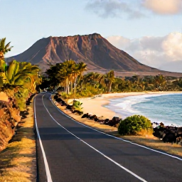 Caribbean Holidays, Martinique Beaches, A scenic Martinique coastal road leading to a beach, with tropical vegetation, volcanic hills and warm late-afternoon light