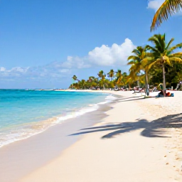 Caribbean Holidays, Martinique Beaches, A sunlit Caribbean beach in Martinique in February, with turquoise water, pale sand, palm trees and a few relaxed holidaymakers