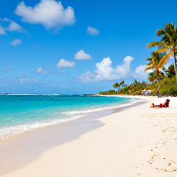 Caribbean Holidays, Martinique Beaches, A sunny Martinique beach in August with turquoise water, soft pale sand, palm trees and a few relaxed sunbathers