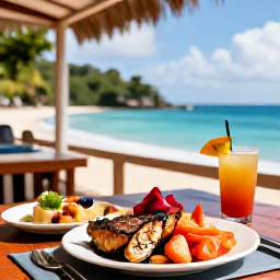 Caribbean Holidays, Martinique Beaches, Colourful Martinique beach restaurant serving fresh seafood, grilled fish and tropical drinks near the sea