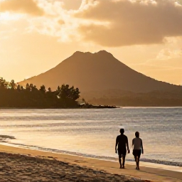 Caribbean Holidays, Martinique Beaches, Couple walking beside a peaceful Martinique beach at sunset with volcanic hills and golden evening light