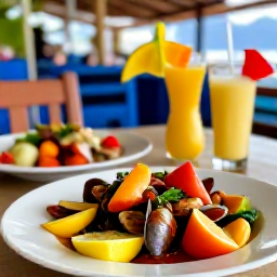 Caribbean Holidays, Martinique Beaches May, A table of fresh Martinique seafood, tropical fruit and colourful Creole dishes at a relaxed seaside restaurant