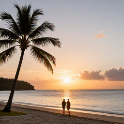 Caribbean Holidays, Martinique Beaches May, Couple walking along a quiet Martinique beach at sunset in May, with calm sea, palm silhouettes and warm golden light