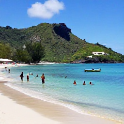 Caribbean Holidays, Martinique Beaches May, Visitors swimming and relaxing on Anse Dufour beach in Martinique, with clear water, green hills and a small fishing boat