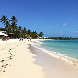Caribbean Holidays, Martinique Beaches, Wide tropical beach in Martinique with clear turquoise water, palm trees and a few relaxed visitors in warm July sunshine