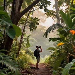 Caribbean Holidays, Martinique Birdwatching, A birder using binoculars beside a forest trail in Martinique, with lush tropical vegetation and soft morning light