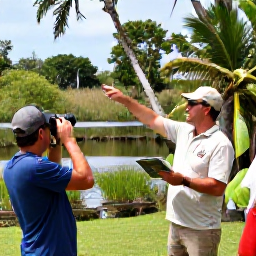 Caribbean Holidays, Martinique Birdwatching, A local bird guide pointing out wildlife to visitors beside a Martinique wetland, with binoculars and tropical trees