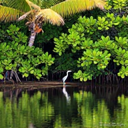 Caribbean Holidays, Martinique Birdwatching, A quiet wetland and mangrove lagoon in Martinique with a small heron, palms and calm reflective water