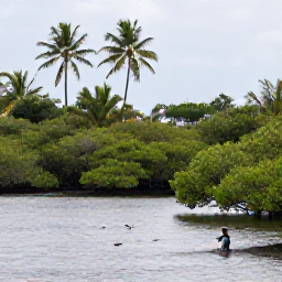 Caribbean Holidays, Martinique Birdwatching, Birdwatcher beside a peaceful Martinique mangrove lagoon, with wading birds, palms and calm water