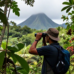Caribbean Holidays, Martinique Birdwatching, Birdwatcher looking through binoculars across a lush Martinique rainforest in July, with tropical foliage and distant volcanic hills