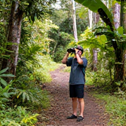 Caribbean Holidays, Martinique Birdwatching, Birdwatcher using binoculars beside a forest trail in northern Martinique