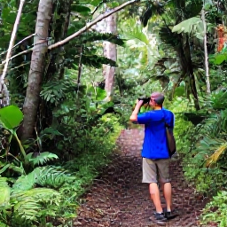 Caribbean Holidays, Martinique Birdwatching, Birdwatcher using binoculars beside a forest trail on Mount Pel&eacute;e, Martinique, with tropical vegetation
