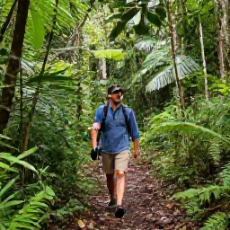 Caribbean Holidays, Martinique Birdwatching, Birdwatcher walking through Martinique rainforest on a shaded trail with binoculars