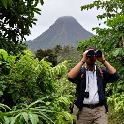 Caribbean Holidays, Martinique Birdwatching, Birdwatcher walking through Martinique rainforest with binoculars, lush foliage and volcanic mountains in the distance