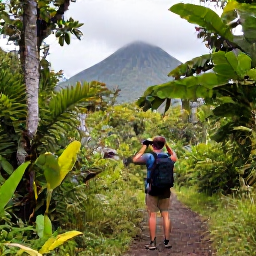 Caribbean Holidays, Martinique Birdwatching, Birdwatcher with binoculars on a forest trail in northern Martinique, tropical vegetation and Mount Pel&eacute;e in the distance