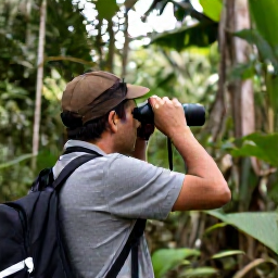 Caribbean Holidays, Martinique Birdwatching, Birdwatcher with binoculars overlooking a lush Martinique forest in December