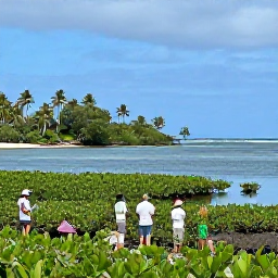 Caribbean Holidays, Martinique Birdwatching, Birdwatchers observing wetland birds among mangroves in Martinique, calm lagoon and tropical shoreline