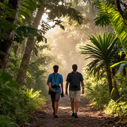 Caribbean Holidays, Martinique Birdwatching, Birdwatchers walking along a forest trail in Martinique at dawn, binoculars ready, surrounded by tropical vegetation
