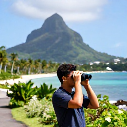 Caribbean Holidays, Martinique Birdwatching, Birdwatching holiday in Martinique with binoculars, tropical coast and forested hills in the background