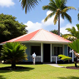 Caribbean Holidays, Martinique Birdwatching, Charming Martinique village, tropical garden and birdwatcher enjoying a relaxed September afternoon