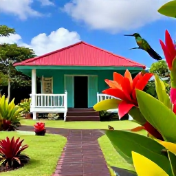 Caribbean Holidays, Martinique Birdwatching, Colourful Caribbean garden in Martinique with a hummingbird visiting tropical flowers beside a holiday villa