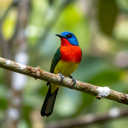 Caribbean Holidays, Martinique Birdwatching, Colourful Martinique bird perched on a branch in tropical rainforest, soft November morning light