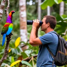 Caribbean Holidays, Martinique Birdwatching, Colourful Martinique forest with a birdwatcher quietly observing tropical birds through binoculars