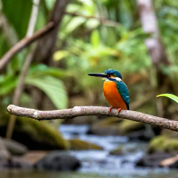 Caribbean Holidays, Martinique Birdwatching, Colourful Martinique kingfisher perched on a branch beside a forest stream, with dense tropical greenery and soft morning light