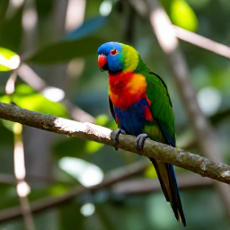 Caribbean Holidays, Martinique Birdwatching, Colourful Martinique parrot in dense tropical rainforest, perched on a branch with filtered sunlight