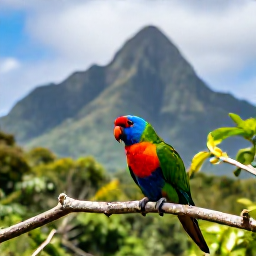 Caribbean Holidays, Martinique Birdwatching, Colourful Martinique parrot in dense tropical rainforest, perched on a branch with volcanic mountains behind