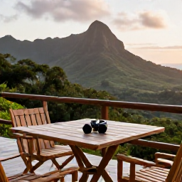 Caribbean Holidays, Martinique Birdwatching, Comfortable Martinique eco-lodge terrace overlooking green hills, binoculars on a table and warm evening light