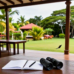 Caribbean Holidays, Martinique Birdwatching, Comfortable Martinique guesthouse terrace with binoculars, notebook and tropical garden