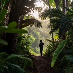 Caribbean Holidays, Martinique Birdwatching, Early morning birdwatcher on a forest trail in Martinique, with tropical foliage and soft Caribbean light