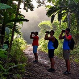 Caribbean Holidays, Martinique Birdwatching, Early morning birdwatchers beside a forest trail in Martinique, soft tropical light, binoculars and lush green vegetation