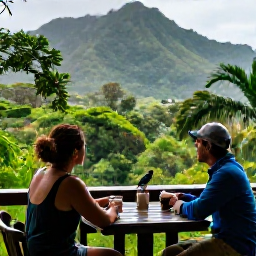 Caribbean Holidays, Martinique Birdwatching, Friendly birdwatching couple relaxing at a Martinique terrace after a rainforest walk, tropical scenery behind them