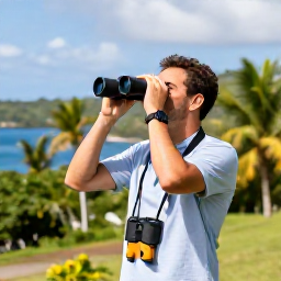 Caribbean Holidays, Martinique Birdwatching, Friendly birdwatching holiday scene in Martinique with binoculars, field guide and tropical landscape in the background
