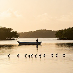 Caribbean Holidays, Martinique Birdwatching, Martinique mangrove lagoon with wading birds, calm water and a small boat at sunrise