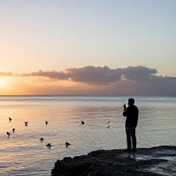 Caribbean Holidays, Martinique Birdwatching, Peaceful Martinique coastline at sunrise with a birdwatcher observing seabirds near calm Caribbean water