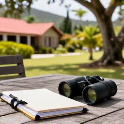 Caribbean Holidays, Martinique Birdwatching, Peaceful Martinique village garden with tropical trees, a birder's notebook and binoculars on a wooden table