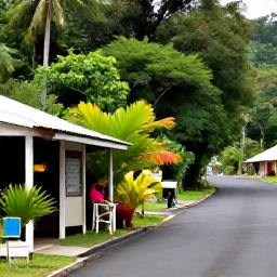 Caribbean Holidays, Martinique Birdwatching, Peaceful Martinique village street near a forest reserve, with a small caf&eacute;, tropical plants and birdwatching equipment