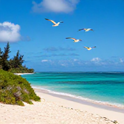 Caribbean Holidays, Martinique Birdwatching, Quiet Martinique beach and coastal scrub with seabirds flying above turquoise Caribbean water