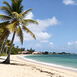 Caribbean Holidays, Martinique Birdwatching, Quiet Martinique beach with palm trees and a small village in the distance
