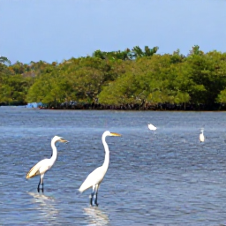 Caribbean Holidays, Martinique Birdwatching, Quiet Martinique mangrove lagoon with egrets, herons and other wading birds in shallow water