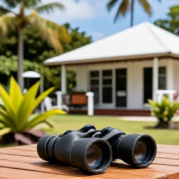 Caribbean Holidays, Martinique Birdwatching, Relaxed Martinique holiday scene with a small hotel terrace, tropical garden and birdwatching binoculars
